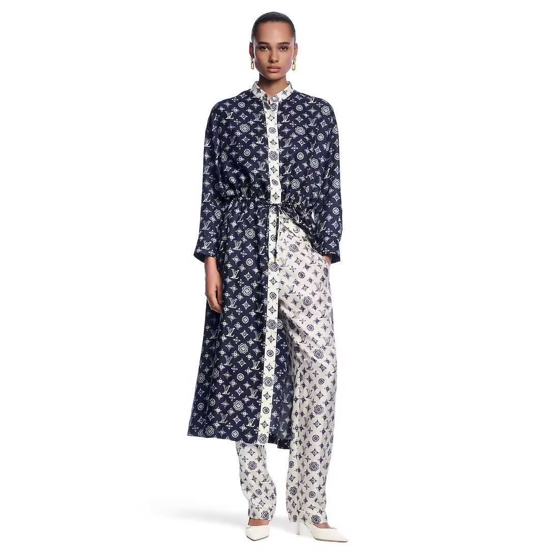 루이비통 실크 셔츠 드레스 긴 실루엣 1AGPVN